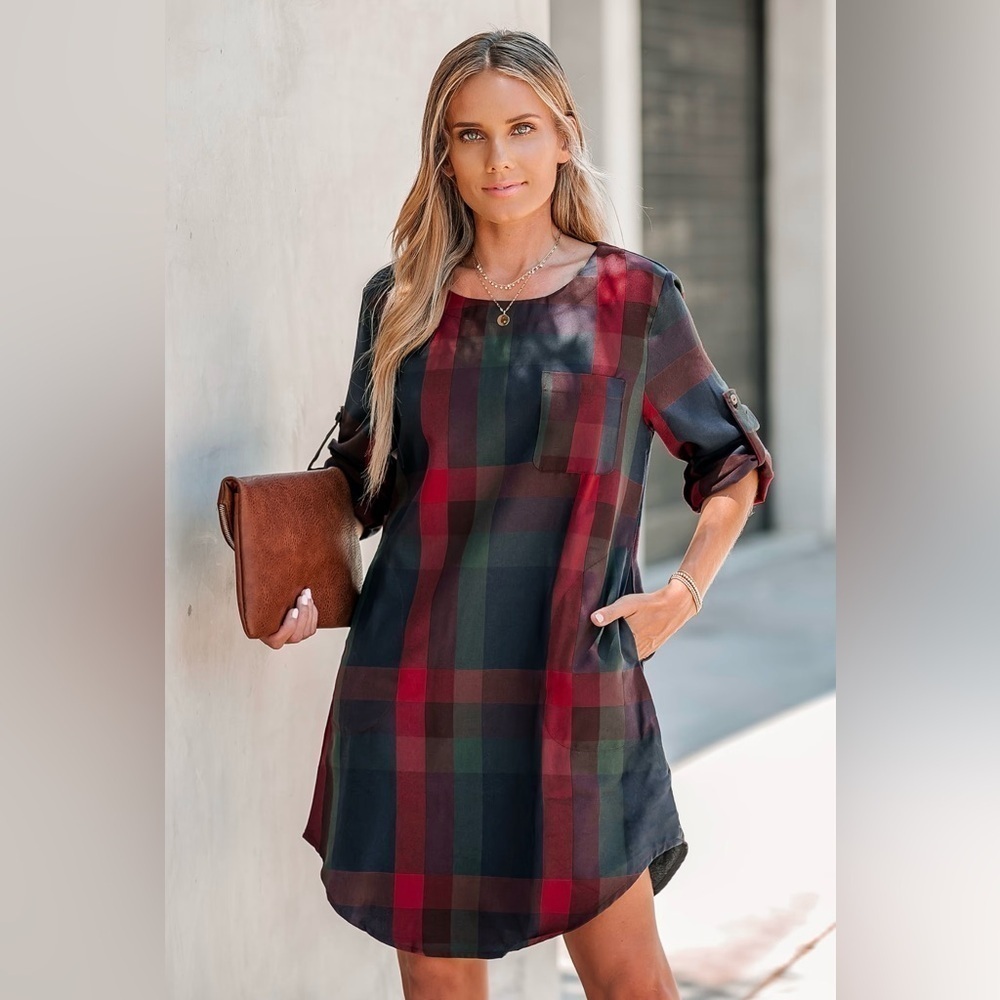 NWT Cupshe Plaid Lady Lesiure Long Sleeve Mini Tunic Dress Size Small